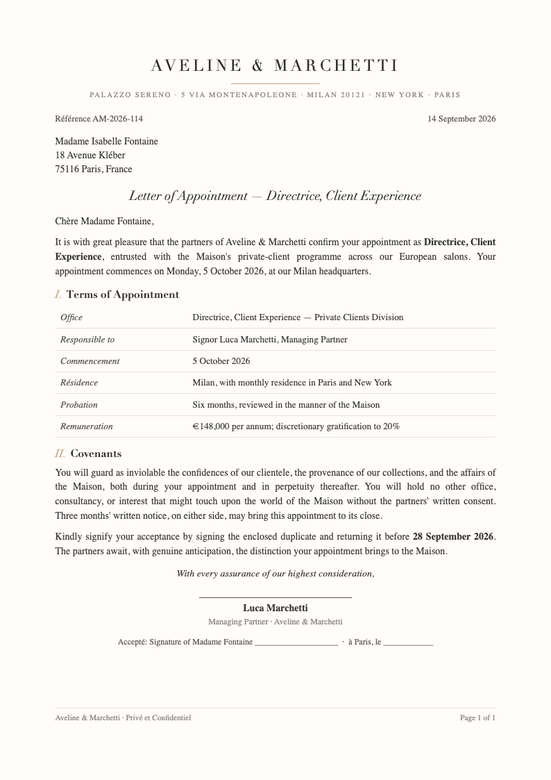 Elegant sophisticated appointment letter